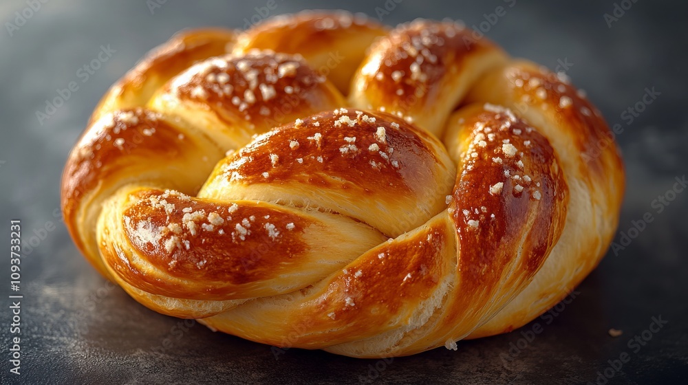A luscious golden-brown braided bread, sprinkled with coarse sugar crystals, glows beautifully under warm lighting, tempting with its rich texture and sweet aroma. A luscious golden-brown braided bread, sprinkled with coarse sugar crystals, glows beautifully under warm lighting, tempting with its rich texture and sweet aroma.