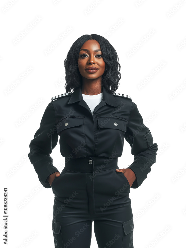 Confident black woman in a stylish pilot uniform, professional and ready for leadership