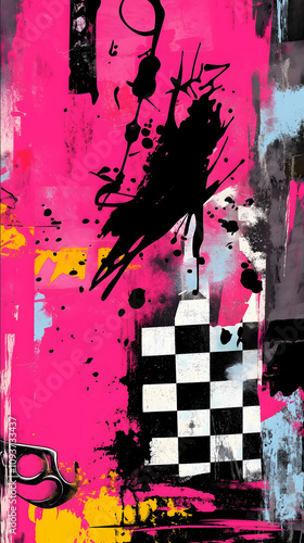 create a streetcultureinspired background influenced by Vans and Volcom The background should feature bold patterns graffiti checkerboard motifs tools elements Add v photo