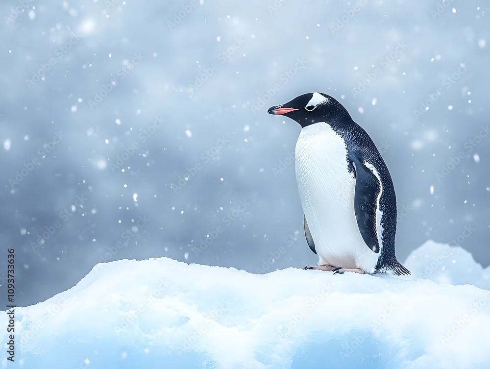 Naklejka premium A calm penguin on a snow-covered iceberg