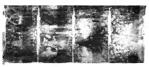 Linocut, relief printing rectangle texture with paint streaks. Black and white artistic text background with rough uneven edge. Dirty, grungy paint roller stains, wide textured lino ink remains.