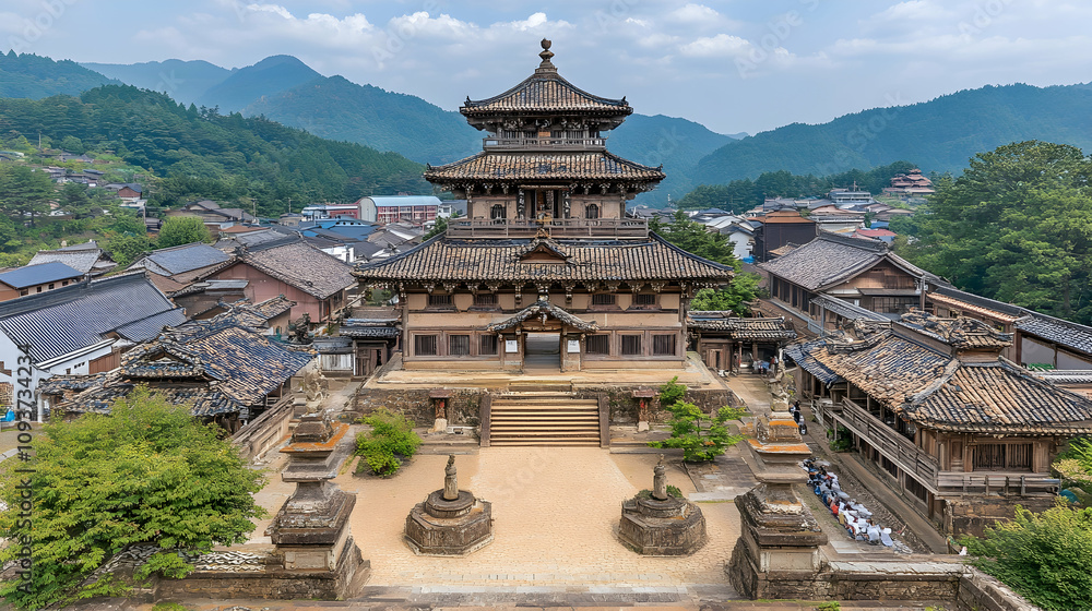 Majestic Traditional Japanese Architecture with Scenic Mountain Background Showcasing Intricate Designs and Serene Beauty in a Historic Setting
