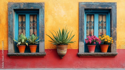 Two beautifully painted blue windows are set against a vibrant yellow stucco wall with potted plants and blooming flowers, creating a colorful and cheerful appearance. photo