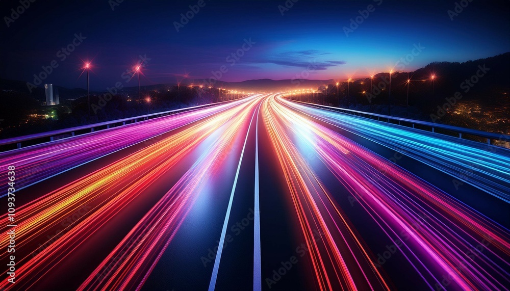 Obraz premium dynamic light trails on a highway at night generative ai