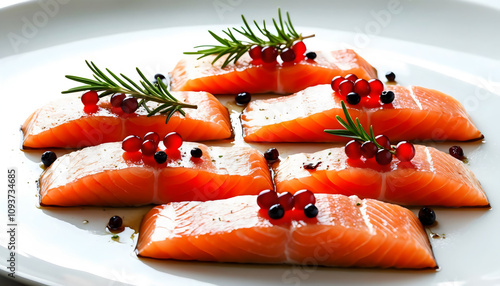 Fresh salmon fillets elegantly arranged with rosemary and berries, perfect for gourmet dining or food photography, showcasing vibrant colors and textures. photo