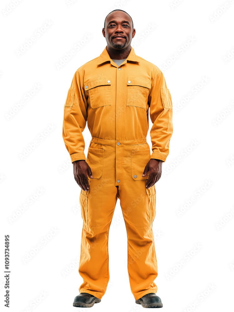A standing worker in bright orange coveralls, isolated on a transparent background, confident pose A standing worker in bright orange coveralls, isolated on a transparent background, confident pose