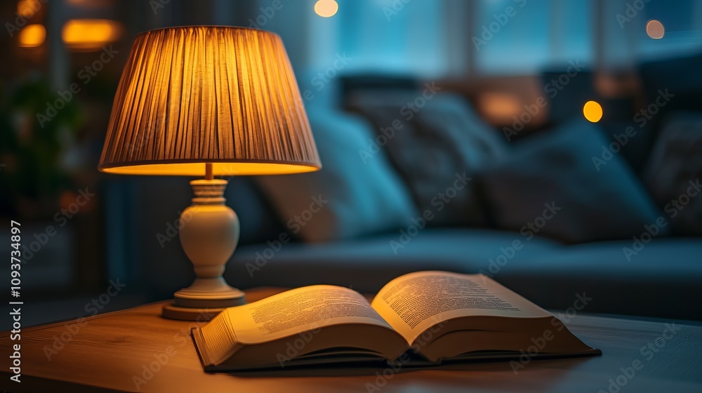 Obraz premium This image captures a cozy reading nook with a warmly lit lamp casting a soft glow over an open book on a wooden table, set against a blurred background.