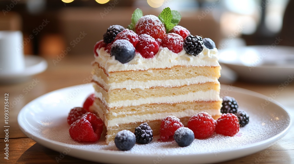 A deliciously layered cake is topped with an assortment of fresh berries and garnished with mint, centered on a white plate, radiating culinary elegance. A deliciously layered cake is topped with an assortment of fresh berries and garnished with mint, centered on a white plate, radiating culinary elegance.