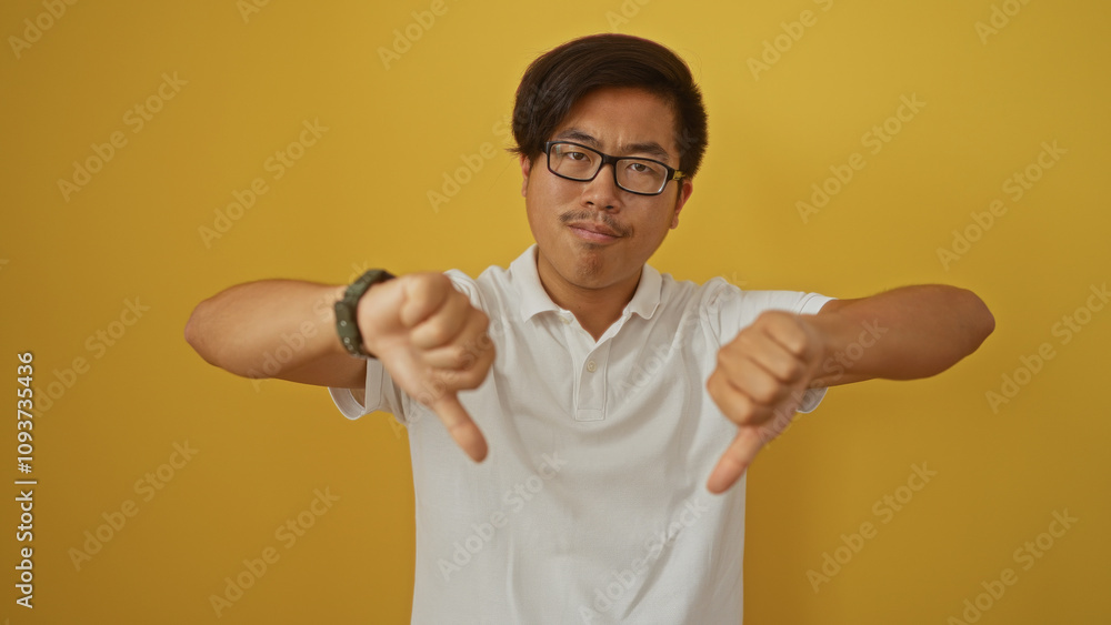 Fototapeta premium Young attractive chinese man showing thumbs down gesture over isolated yellow background