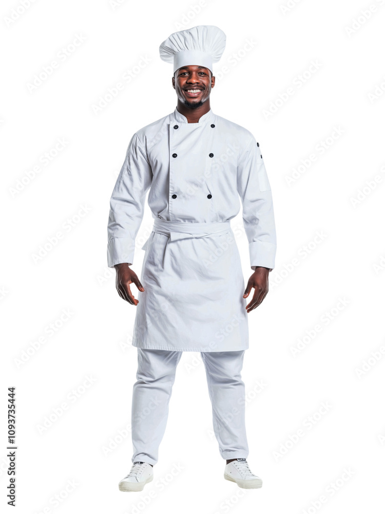 Smiling black chef in a white uniform, apron, and tall chef's hat, standing confidently Smiling black chef in a white uniform, apron, and tall chef's hat, standing confidently