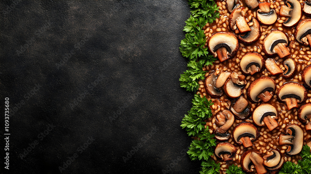 Savory Mushroom Dish with Fresh Herbs on a Dark Surface Showcasing Delicious Ingredients Perfect for Culinary Projects and Food Photography Savory Mushroom Dish with Fresh Herbs on a Dark Surface Showcasing Delicious Ingredients Perfect for Culinary Projects and Food Photography