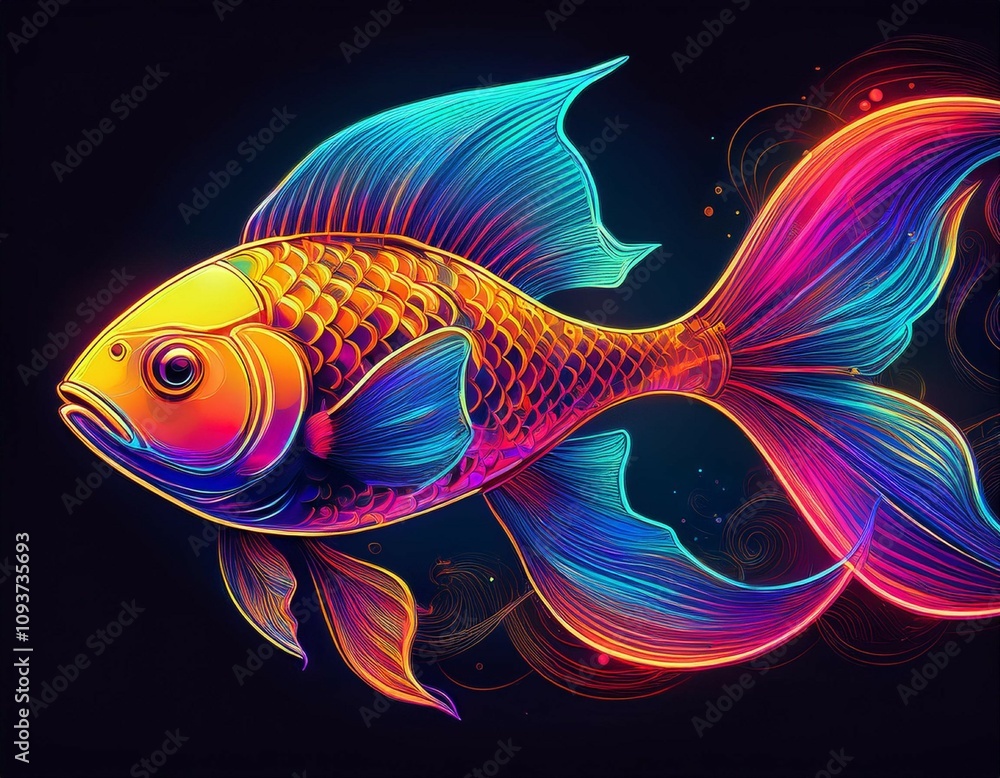 goldfish in neon color in pop art style minimalist style neon line logo depicting a mosaic fish surrounded by vibrant smoke effects goldfish in neon color in pop art style minimalist style neon line logo depicting a mosaic fish surrounded by vibrant smoke effects