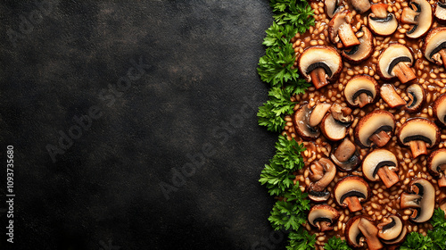 Savory Mushroom Dish with Fresh Herbs on a Dark Surface Showcasing Delicious Ingredients Perfect for Culinary Projects and Food Photography