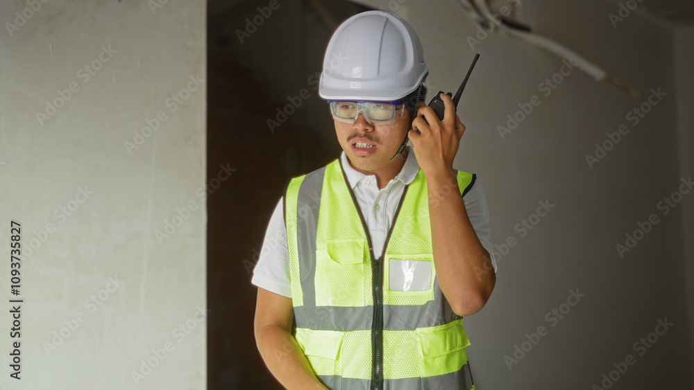 Young man in safety vest and hardhat using a walkie-talkie inside a construction site building in china Young man in safety vest and hardhat using a walkie-talkie inside a construction site building in china