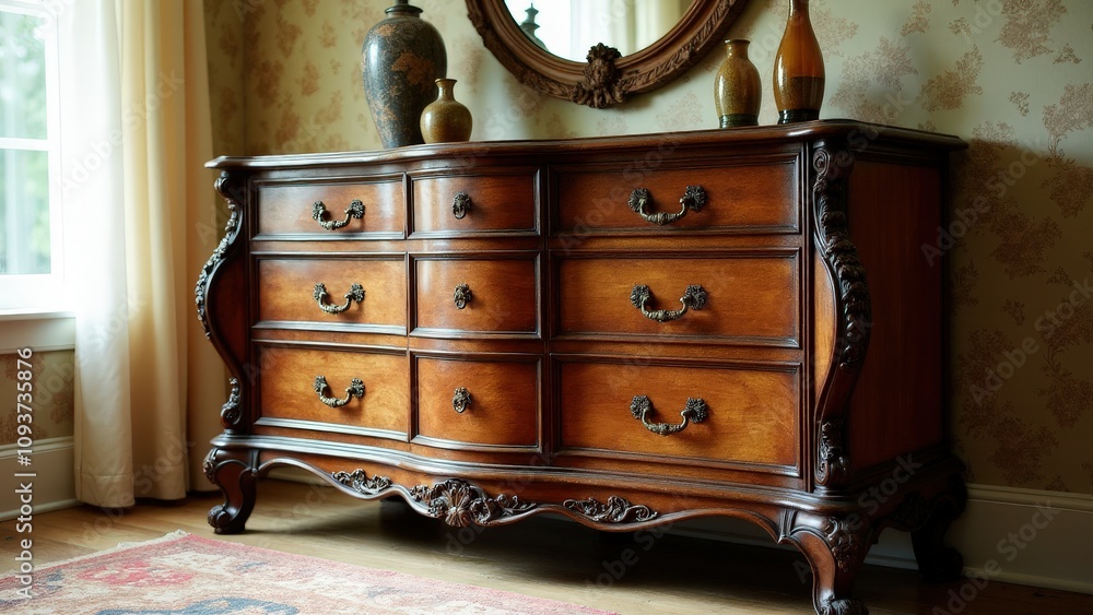 A rustic antique retro dresser paired with charming vintage decor.