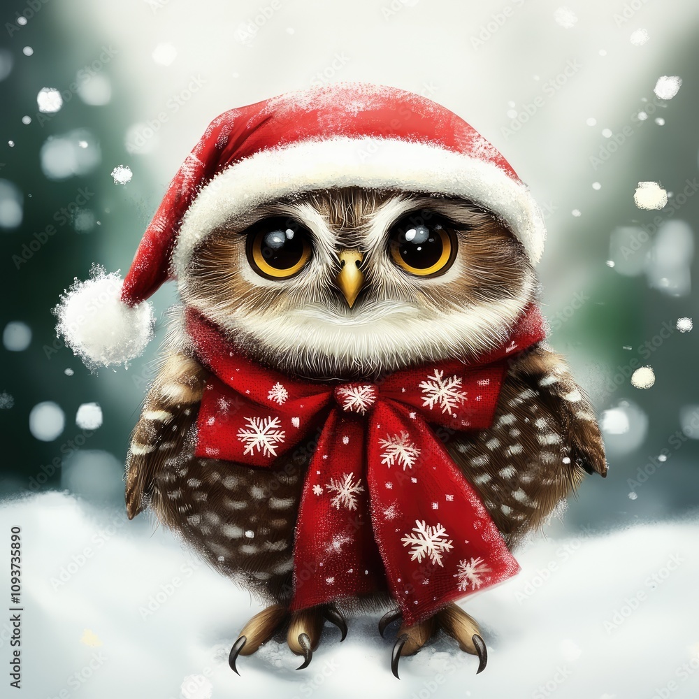 This delightful owl showcases its holiday spirit, wearing a festive red Santa hat and a scarf adorned with snowflakes in a tranquil, snowy forest backdrop filled with softly falling snowflakes This delightful owl showcases its holiday spirit, wearing a festive red Santa hat and a scarf adorned with snowflakes in a tranquil, snowy forest backdrop filled with softly falling snowflakes