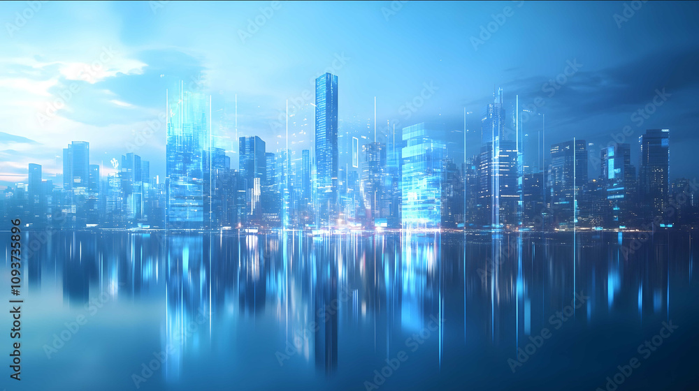 A futuristic cityscape with holographic skyscrapers and digital data streams reflecting on the water surface representing the advanced technology of AI in urban des A futuristic cityscape with holographic skyscrapers and digital data streams reflecting on the water surface representing the advanced technology of AI in urban des