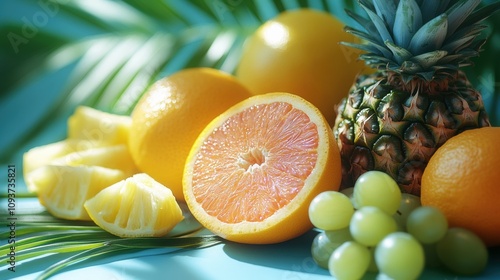 Fototapeta Naklejka Na Ścianę i Meble -  Assorted tropical fruits on blue background, fresh pineapple, citrus, grapes, summer vibes, exotic vacation, healthy fruit mix, vibrant color, island paradise