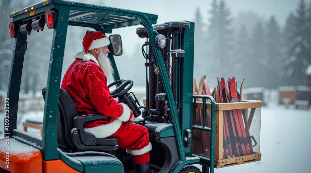 A man in a santa suit driving a forklift with skis in the back A man in a santa suit driving a forklift with skis in the back