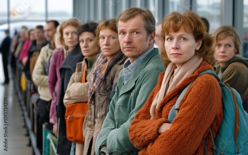 Awaiting Departure: Passengers in Line at the Airport photo