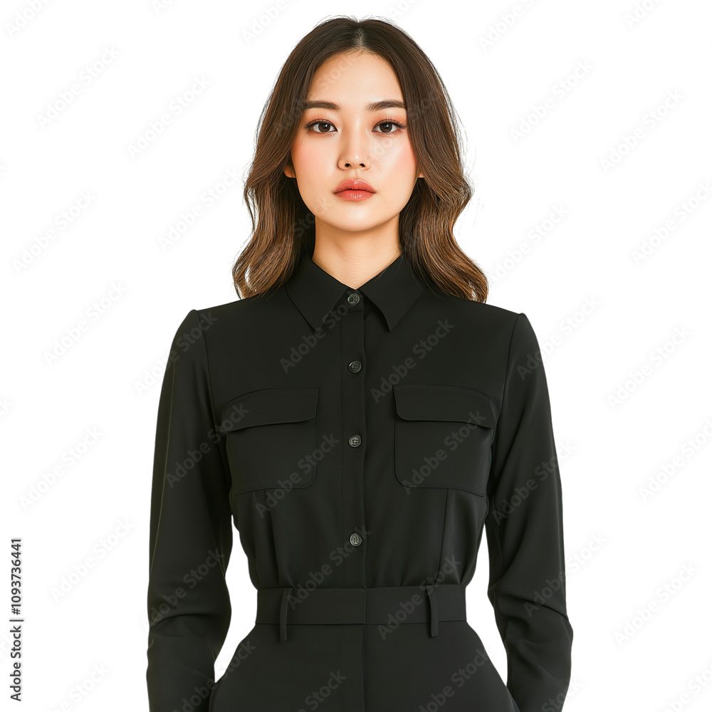 Elegant Asian woman wearing a black formal blouse with professional and confident expression