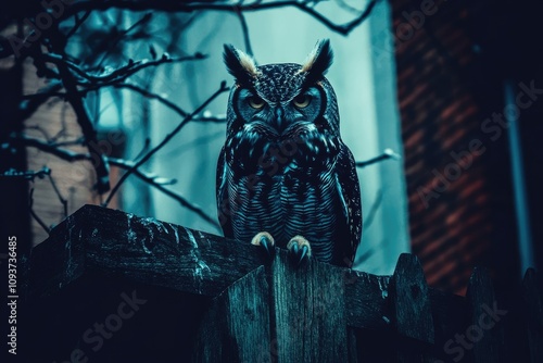 In the soft twilight, a striking owl watches from its perch on a wooden fence, surrounded by a tranquil winter scene. The peaceful setting highlights the beauty of this majestic bird in nature photo