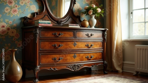 Antique retro dresser showcasing ornate woodwork and brass handles.