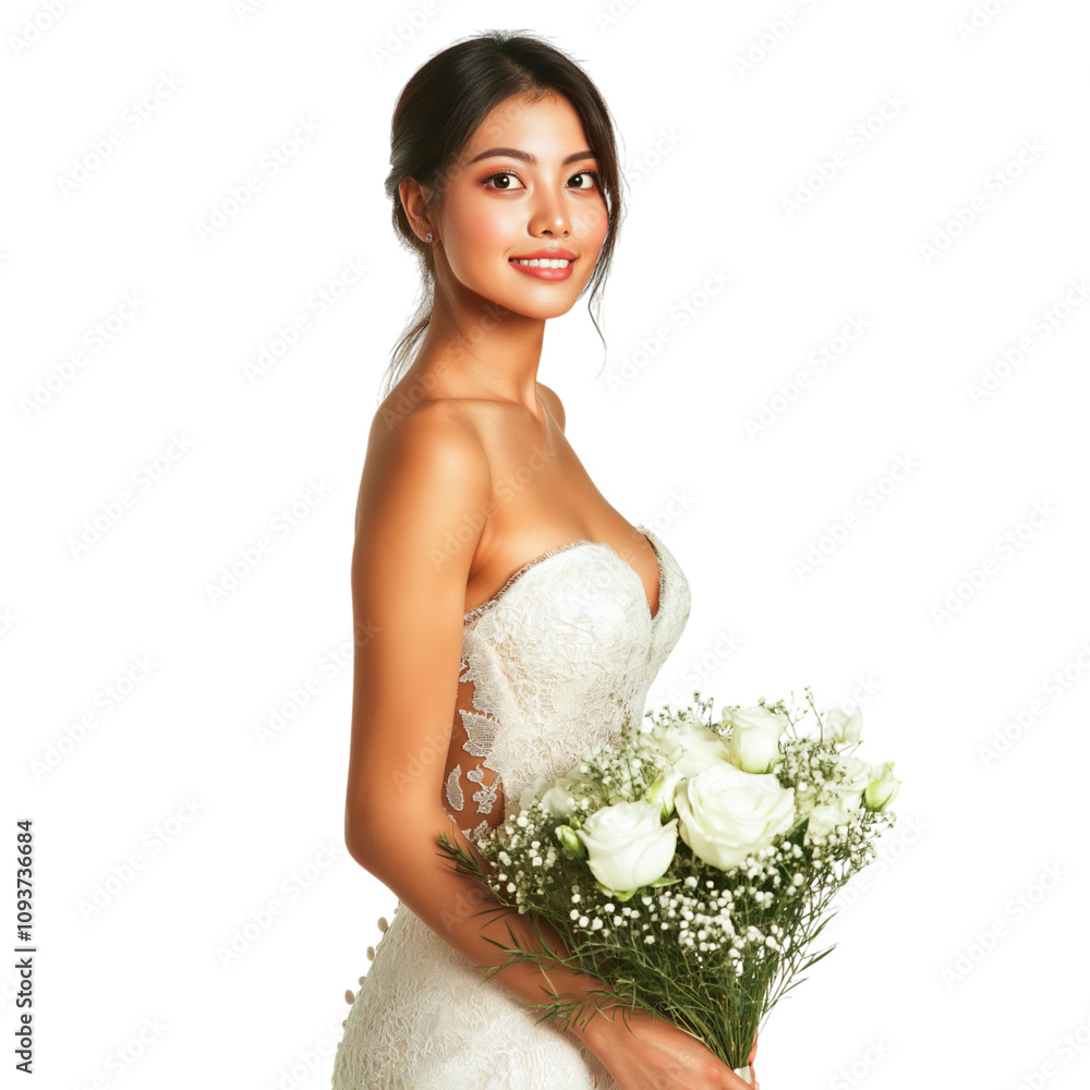 Beautiful bride holding white rose bouquet in a strapless lace wedding dress Beautiful bride holding white rose bouquet in a strapless lace wedding dress