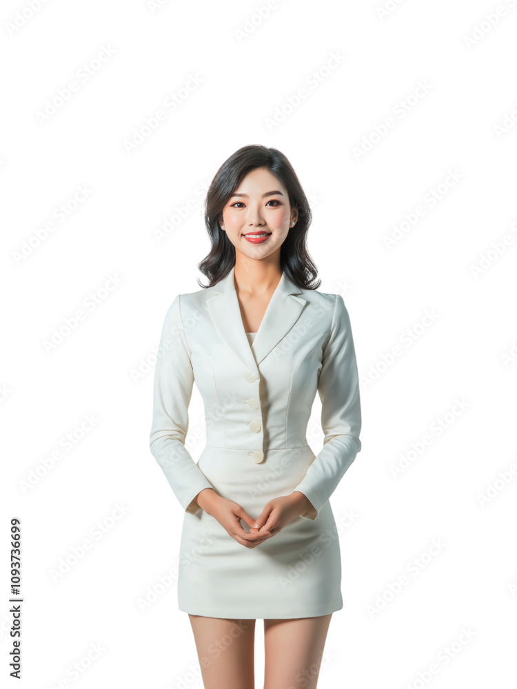 Waist-up stock photo of a smiling woman in a fitted white blazer and skirt Waist-up stock photo of a smiling woman in a fitted white blazer and skirt