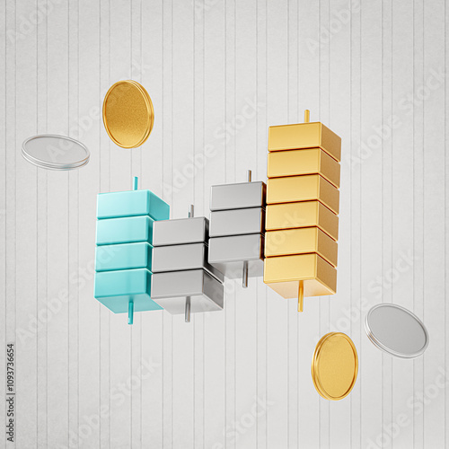 The 3D icon combines Japanese candle, rocket, and trading symbols, representing success, innovation, and financial growth. It features a realistic metal texture design. 3D Illustration