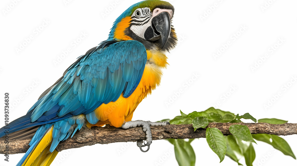 Fototapeta premium Vibrant Blue and Yellow Macaw Parrot Perched on Branch with Leaves Against White Background – A Stunning Display of Color and Nature’s Beauty