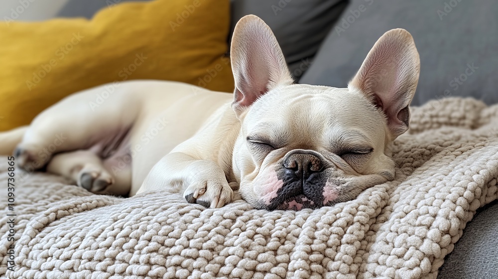 A peaceful French Bulldog sleeps soundly on a thick beige knit blanket, exuding warmth and comfort in a serene domestic setting with soft furnishings. A peaceful French Bulldog sleeps soundly on a thick beige knit blanket, exuding warmth and comfort in a serene domestic setting with soft furnishings.
