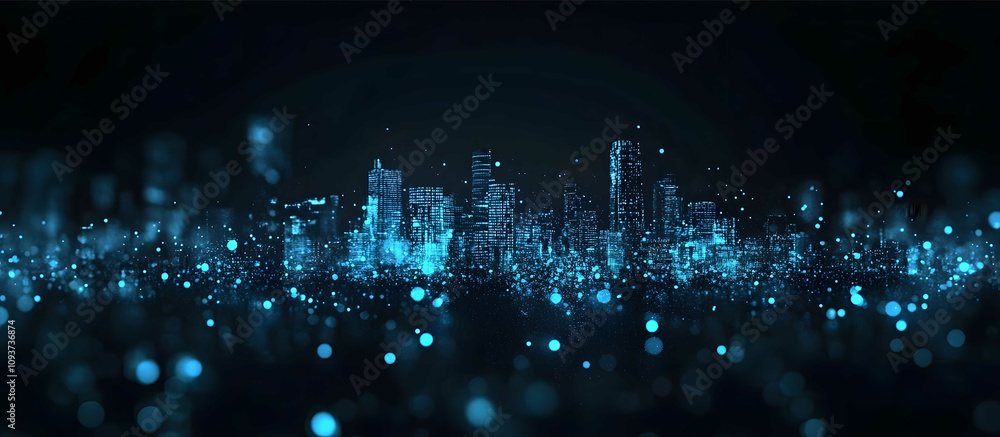 Fototapeta premium A city skyline made of glowing blue digital particles high from a distance against a black background from a low angle with a cinematic feel