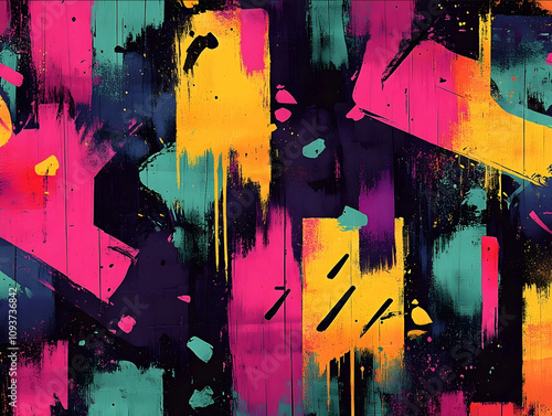 A seamless neoncore pattern featuring bold neon graffiti The design includes fluorescent colors like yellow green and orange with abstract shapes spraypaint textures photo