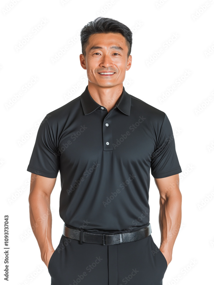 Fototapeta premium Smiling Asian man in a black polo shirt, standing confidently, with a friendly appearance