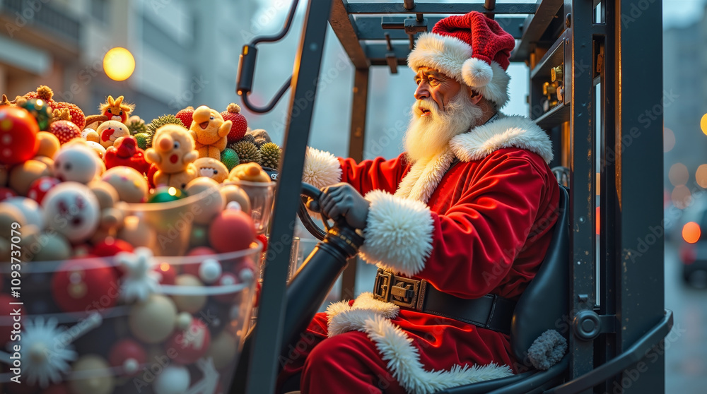 Obraz premium A man dressed as Santa Claus driving a forklift filled with christmas ornaments