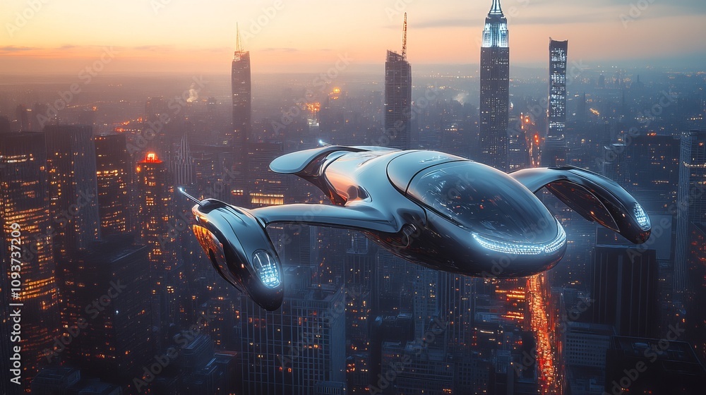 A sleek futuristic flying vehicle glides over a vibrant city skyline at dusk, representing the advancement of transportation technology and urban innovation. A sleek futuristic flying vehicle glides over a vibrant city skyline at dusk, representing the advancement of transportation technology and urban innovation.