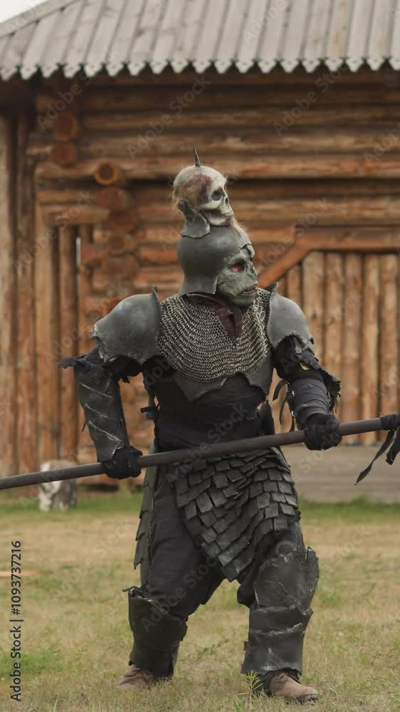 Creepy knight with skull on helmet runs holding spear menacingly rain. Evil warrior rushes to battle moving heavily in medieval settlement with wooden buildings Creepy knight with skull on helmet runs holding spear menacingly rain. Evil warrior rushes to battle moving heavily in medieval settlement with wooden buildings