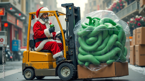 A man in a santa claus suit driving a forklift with a box full of green balloons photo