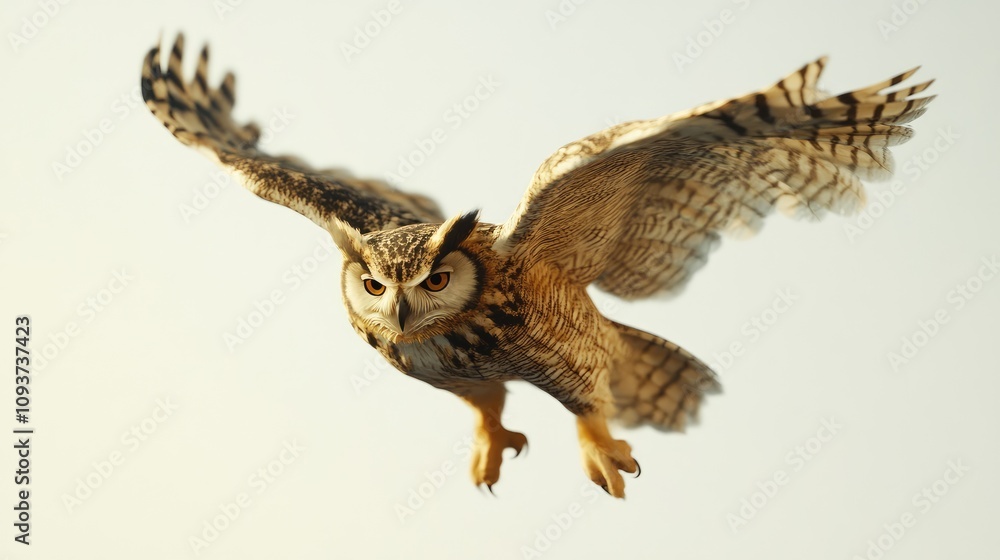 Fototapeta premium A striking owl gracefully soars through the open sky, showcasing its intricate feather patterns and powerful wings