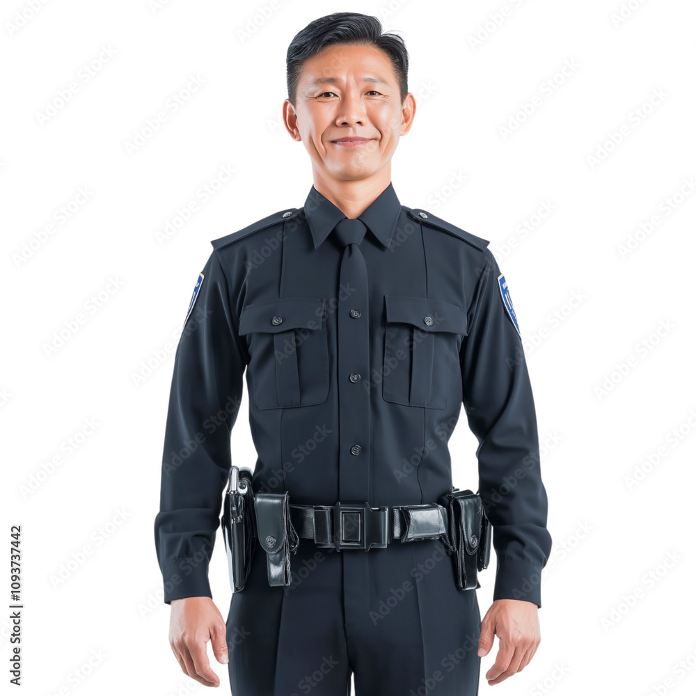 Smiling Asian police officer in uniform with a transparent background, waist-up stock photo Smiling Asian police officer in uniform with a transparent background, waist-up stock photo