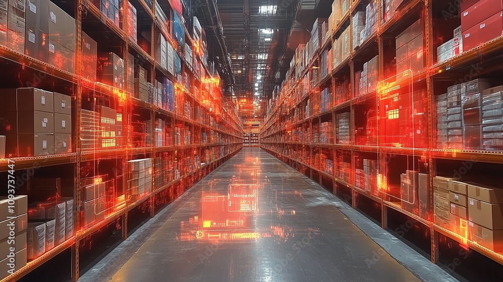 Modern warehouse interior with glowing digital elements showcasing efficient logistics operations and organized inventory. Generative AI Modern warehouse interior with glowing digital elements showcasing efficient logistics operations and organized inventory. Generative AI