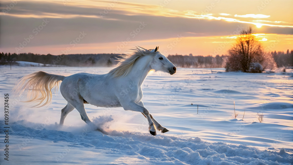 Beautiful white horse running at winter sunset trough snow in the field, animals and wildlife, nature background