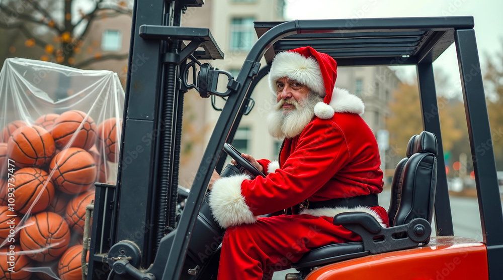 A man in a santa claus suit driving a forklift with basketballs in the back A man in a santa claus suit driving a forklift with basketballs in the back