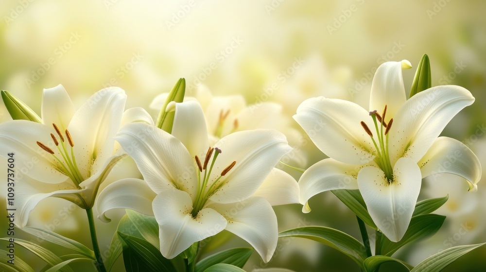 Close-up of three pristine white lilies in a field. Close-up of three pristine white lilies in a field.