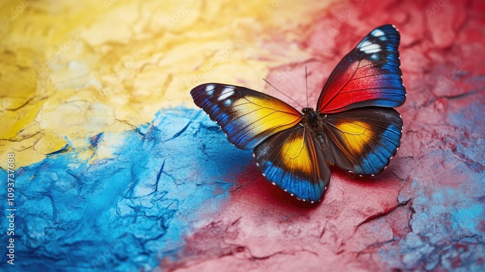 Obraz premium Vibrant butterfly on colorful textured background, close-up