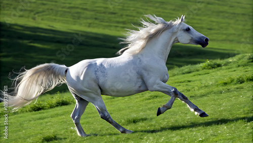 Beautiful white horse running on green grass trough meadow, animals and wildlife, nature background