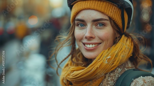 Smiling woman in warm scarf and helmet enjoys a sunny day in the city during autumn. Generative AI