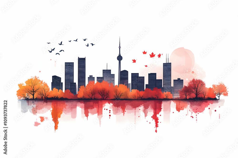 Illustrated city skyline with autumn trees on a clean white background, showcasing seasonal transition . 4k image Illustrated city skyline with autumn trees on a clean white background, showcasing seasonal transition . 4k image