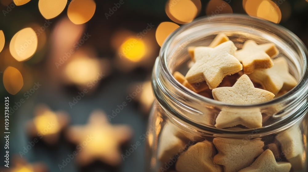 Glass jar filled with star-shaped cookies against bokeh-style light background Glass jar filled with star-shaped cookies against bokeh-style light background
